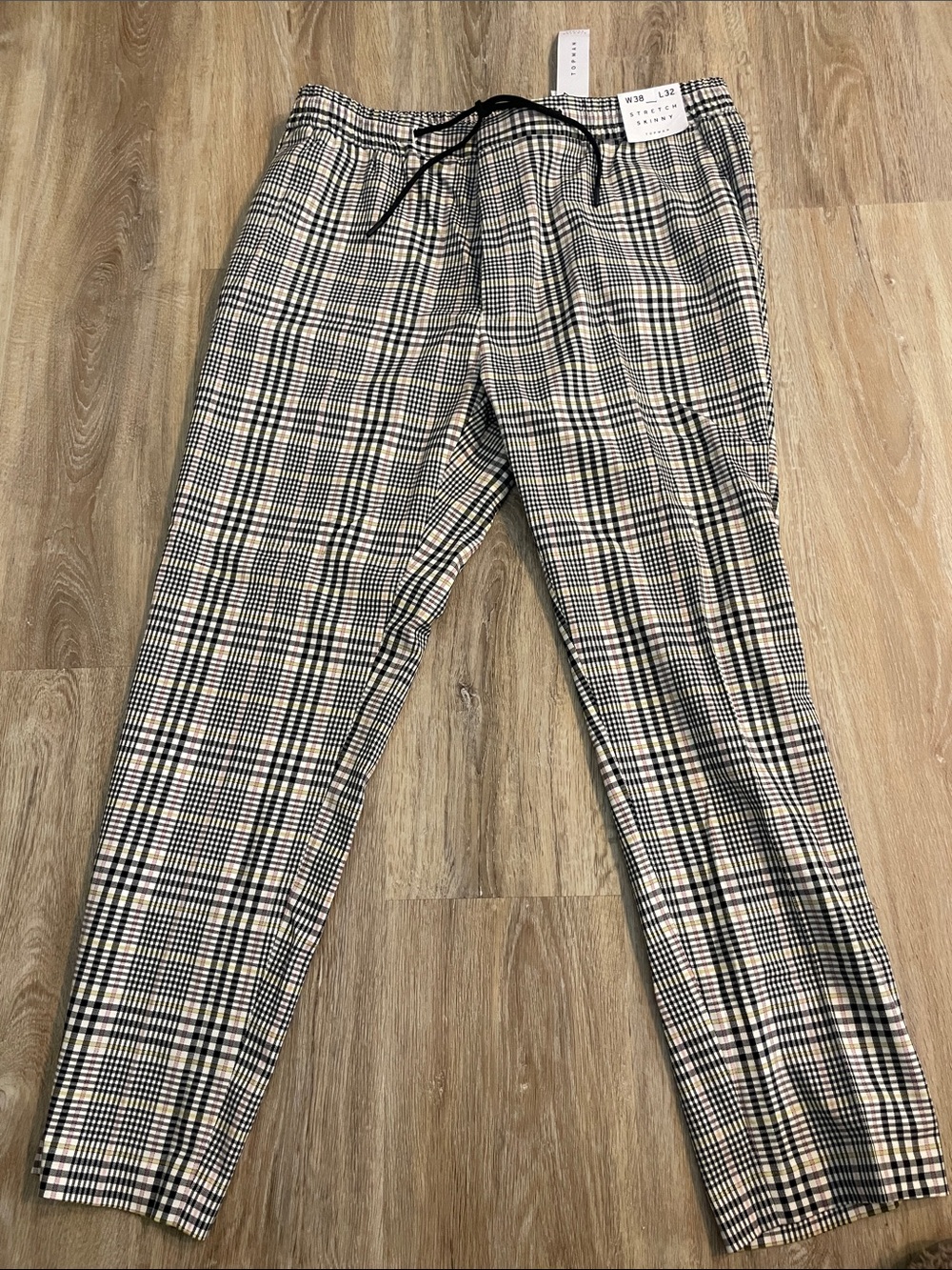 Plaid Drawstring Men’s Pants - Black & Cream